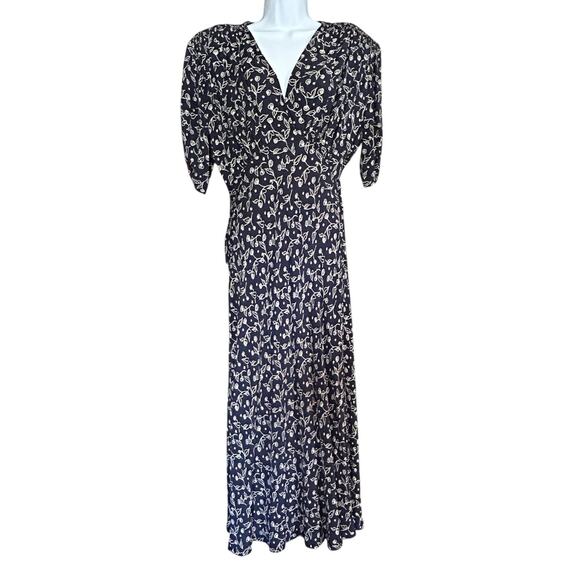 VTG Ann Taylor Laundry Navy Floral Midi Dress 90s Rayon SZ 10 USA Dark Academia - Picture 1 of 8